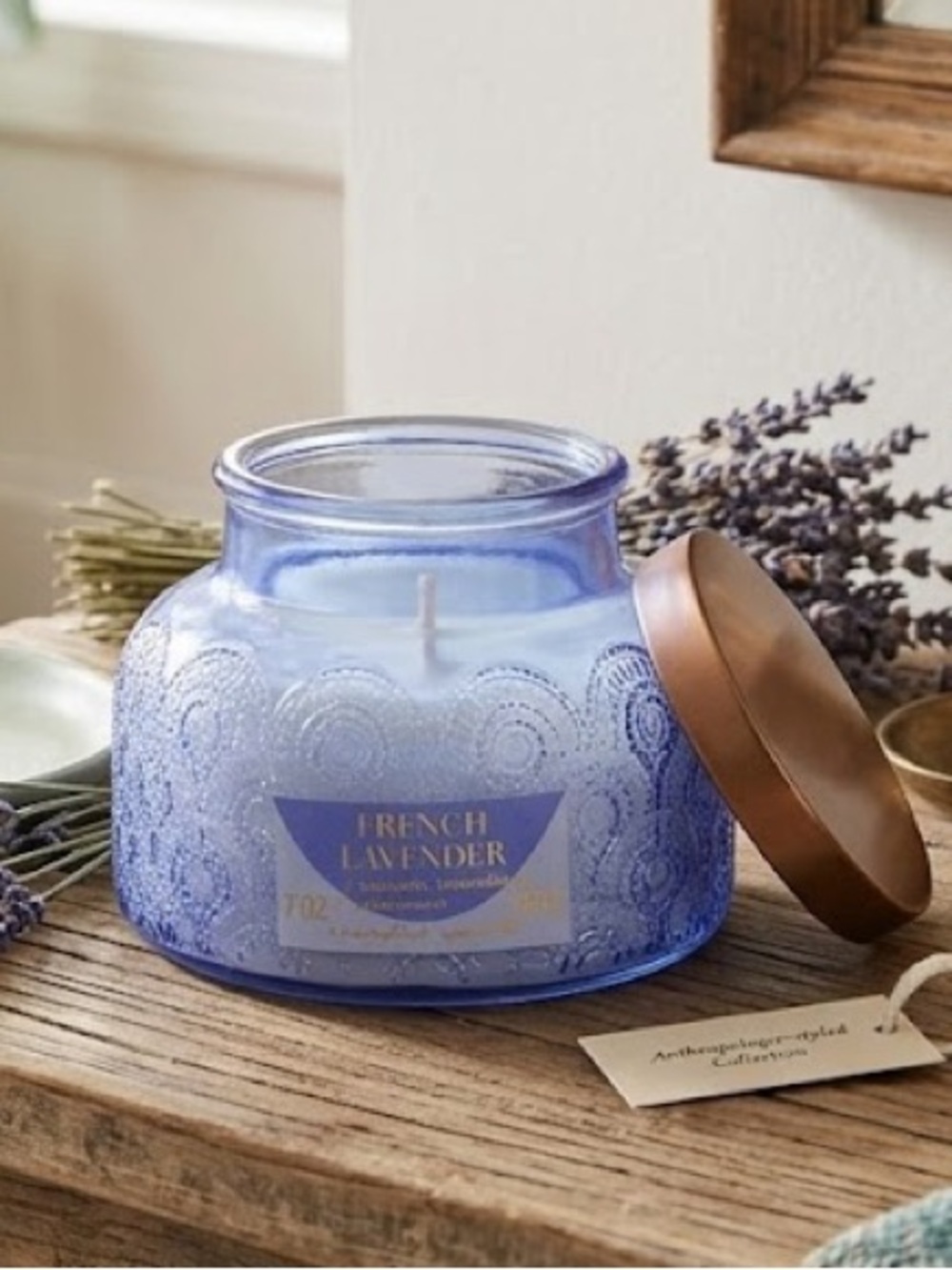 Capri Blue Style French Lavender Scented Candle Blue Embossed Glass Jar